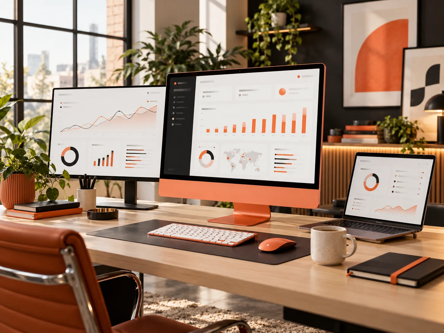 A bright workspace with three screens showing illustrative advertising analytics