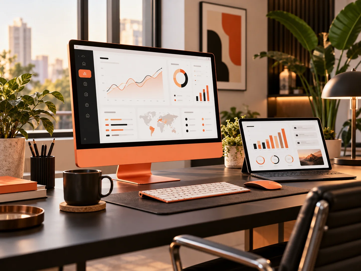 Orange desktop computer and laptop in a modern office displaying illustrative digital marketing dashboards